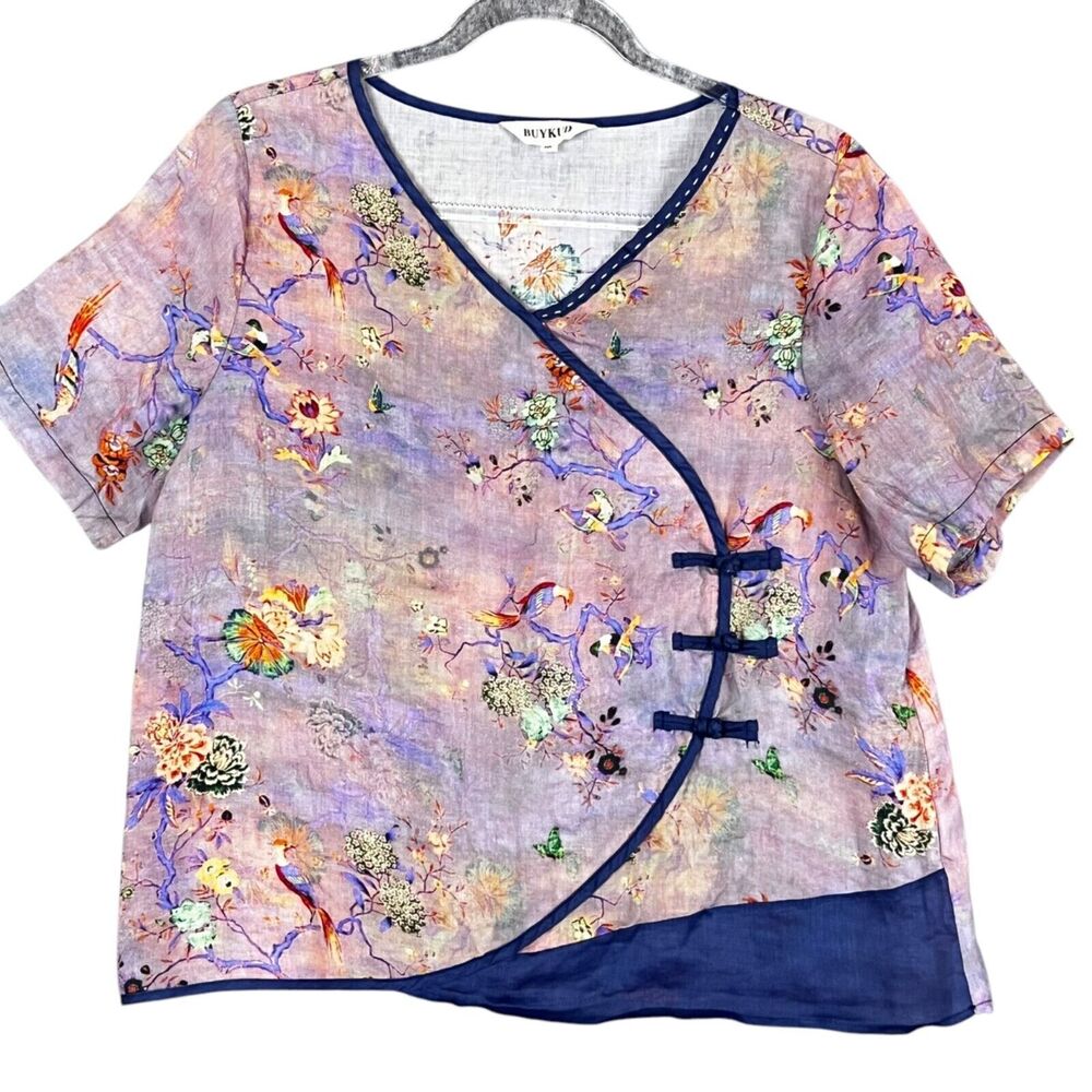 BUYKUD Loose Fitting S/S Shirt Chinese Asian Style Lightweight Bird Floral Sz M